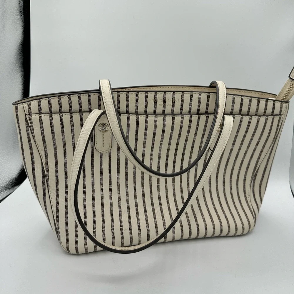 Henri Bendel West 57th Striped Domed Satchel Ivory Grey Stripe Gold Hardware